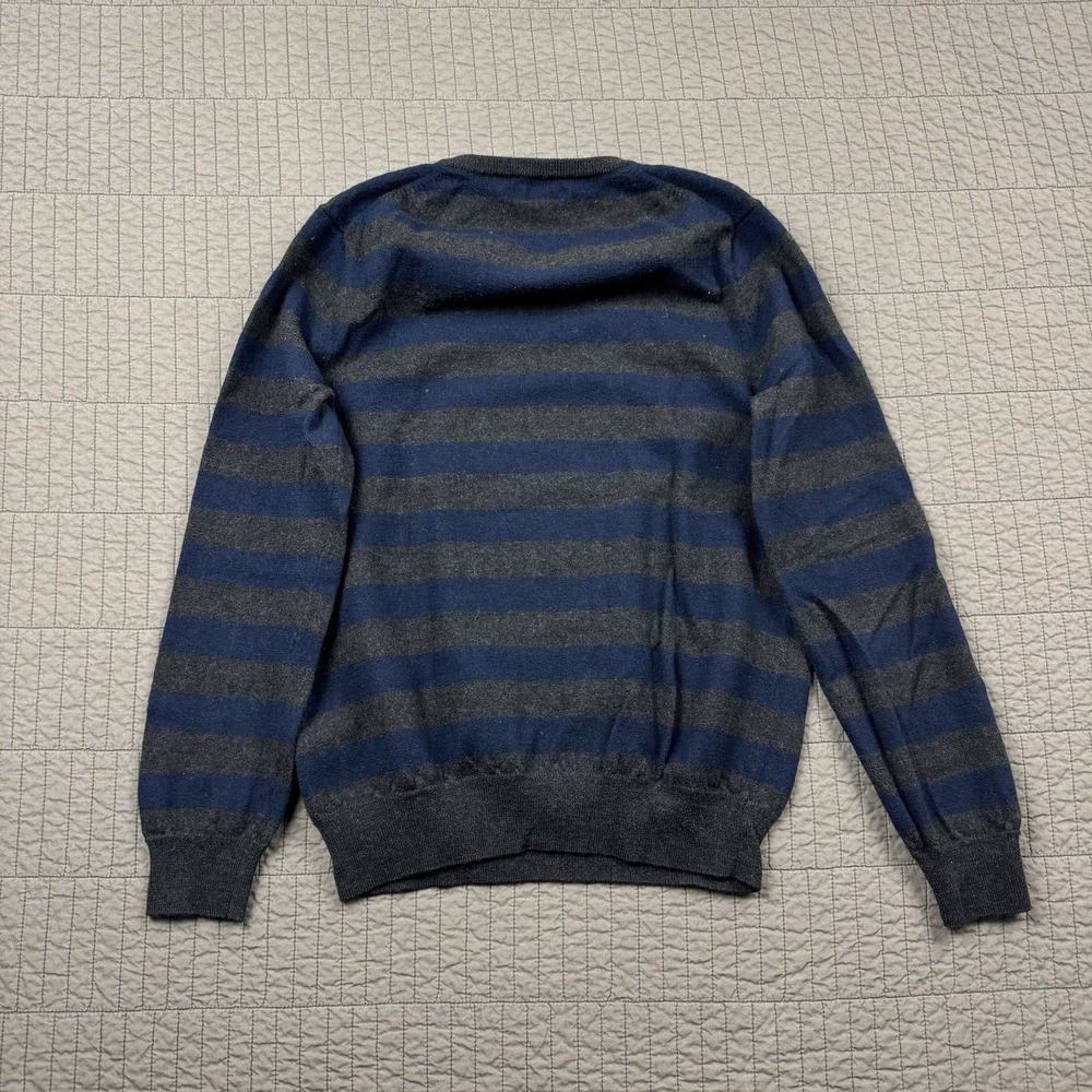 J Crew Sweater‎ Mens Medium Blue Gray Striped Merino Wool V Neck Preppy - Picture 3 of 9